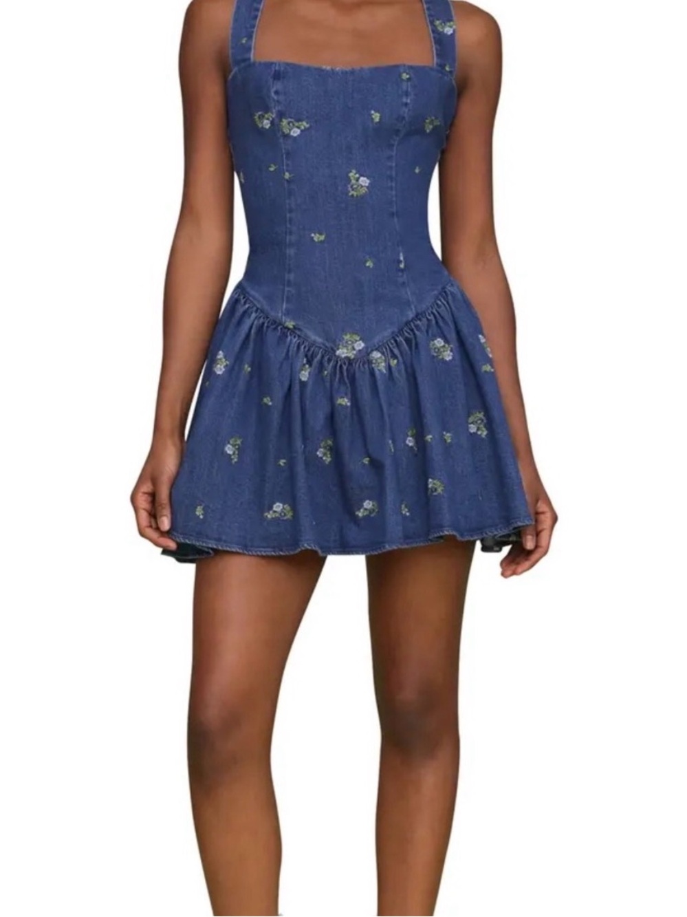 Avec Les Filles Blue Denim Floral Square-Neck Mini Dress Romper